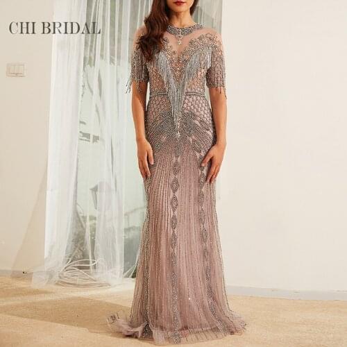 Sexy Hollow Evening Dress Tassel Bead Decoration Handmade Luxury Evening Dress Elegant Female Net Gauze Long Dress