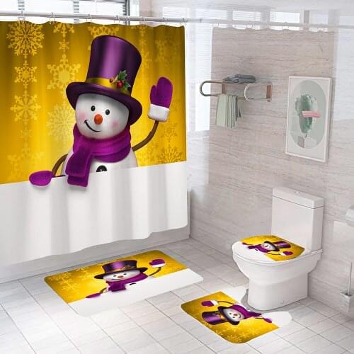 Merry Christmas Fabric Shower Curtain Bathroom Curtains Lovely Snowman Anti-slip Bath Mat Set Toilet Seat Cover Carpet