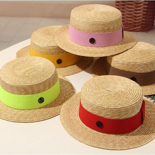 Elegant Womens Summer Hat Sun Protection Cap Female Flat Top Wide Brim Hat Multicolor Bandage Girl Straw Hat Beach Hat Sun Hats