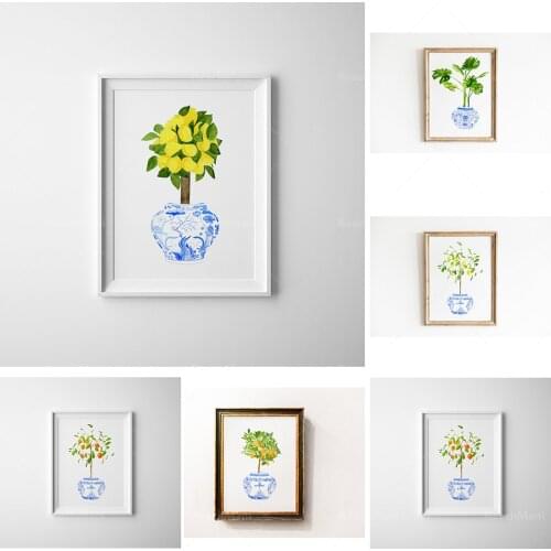 Blue and white Chinese style monstera prints, blue vase prints, planter prints, plant wall art
