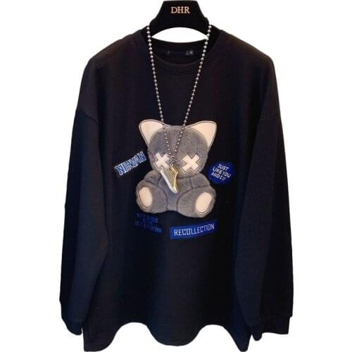 Spring Autumn Clothes Thin Cotton Pullover Embroidered Gray Bear Oversized Harajuku Long Sleeve Sweatshirt Women Hoodie Jacket