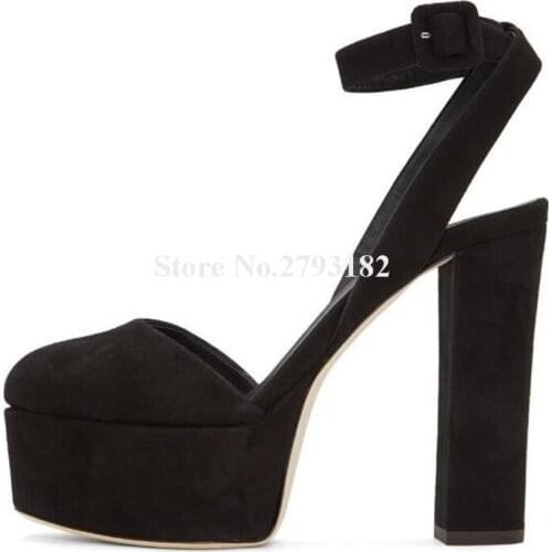 Women Elegant Black Suede Leather High Platform Chunky Heel Pumps Ankle Strap Super High Heels Thick Heel Shoes