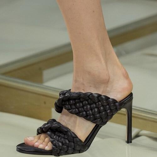 Sandalias Mujer 2020 High Heels Braid Leather Ladies Shoes Orange Weaving Slides Open Toe Outdoor Designer Summer Slippers