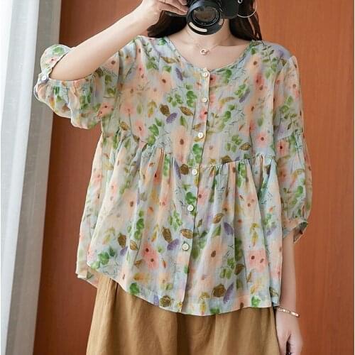 Women Summer Cotton Linen Casual Shirts New Arrival 2021 Vintage Style O-neck Floral Print Loose Comfortable Female Tops B274
