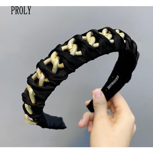 PROLY New Fashion Headband Women Gold Chain Black Hairband Alloy Metal Punk Hair Band Handmade Pleated Turban Hair Accessories