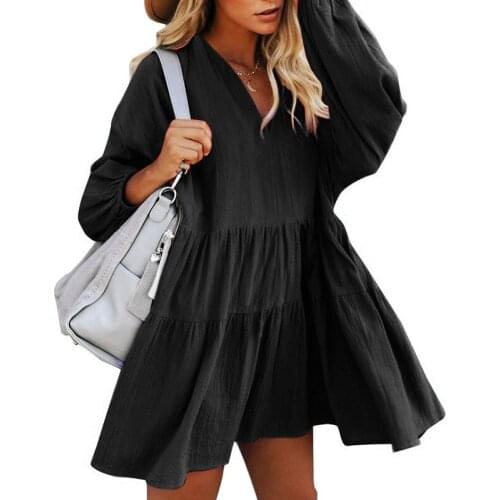 Solid Plus Size Dress for Women Autumn Long Sleeve Loose Puff Sleeve V-Neck Pullover Loose Waist Wrist Y2k Mommy and Me Dresses