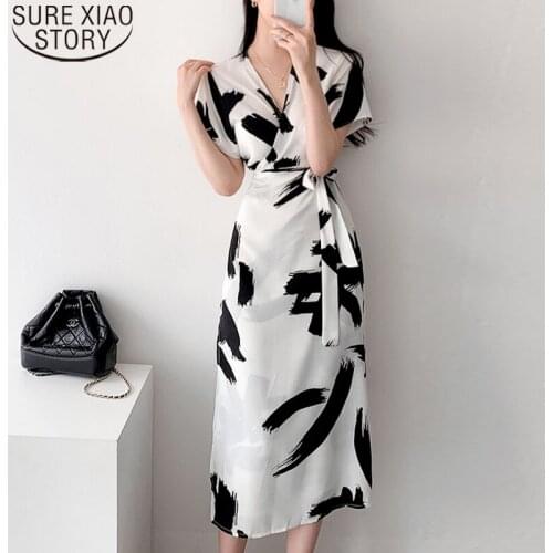 Lace-up Midi Party Dresses Short Sleeve V-neck Vintage Long Dress 2021 Summer Korean Chic Ink Painting Print Dress Women 14618