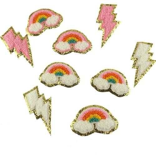 1Pcs Sequin Chenille Embroidery Patches Rainbow Lightning Heart Patches Appliques Iron On Patches For Children Woman Clothes