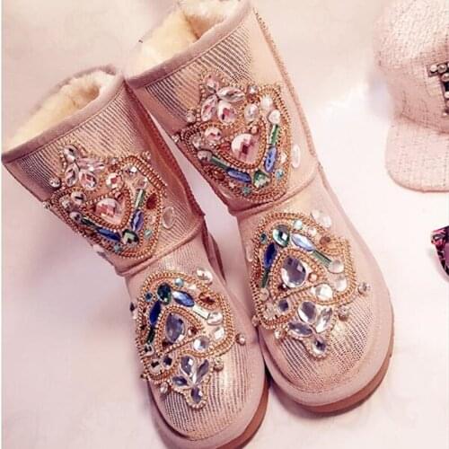 19 new Hong Kong totem heavy work luxury rhinestones in the tube real leather snow boots cotton shoes waterproof snow boots