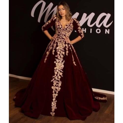 2021 Kaftan Caftan Burgundy Velvet Evening Dresses Prom Dress Half Sleeve Gold Luxury Lace Applique Arabic Dubai Abaya Occasion