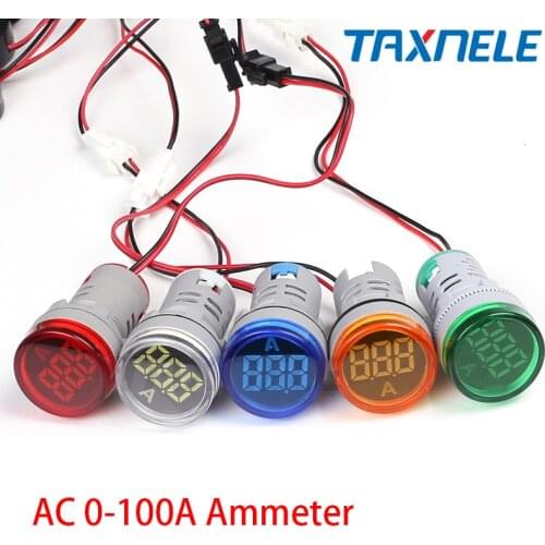 22mm Ampermeter AC220V 100A Digital Display Monitor Current Indicator Signal Light Ammeter Tester Measuring Ampere Meter