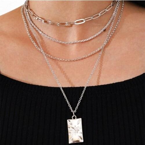 4 Pcs/Set Women Charm Silver Color Necklaces Set Creative Square Star Flower Chain Multilayer Necklace Fashion lady Jewelry