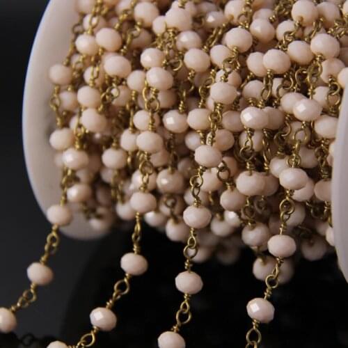 4x6mm size Pink color Glass Faceted Rondelle beads Chains,Glass beads Link Brass Wire Wrapped Rosary style Chains Necklace
