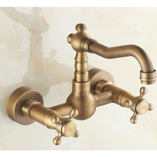 Antique Brass Wall Mounted Double Cross Handles Kitchen Sink Faucet Mixer Tap Swivel Spout atf002