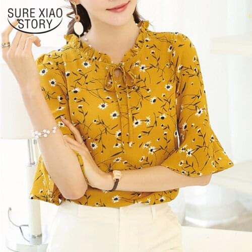 Blusas Plus Size Fashion Women Tops and Blouses Summer New Lady Tops Chiffon Blouse Floral Print Bow Neck Shirt Short Sleeve 379