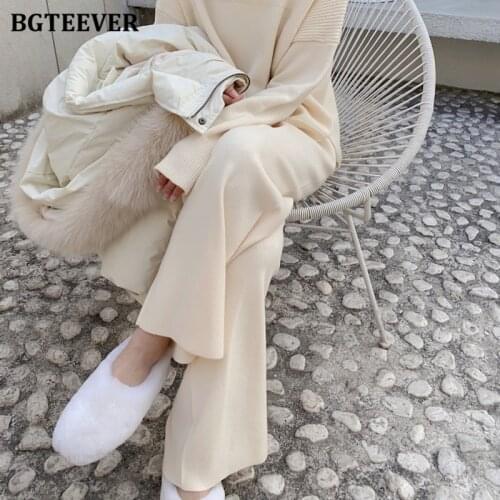 BGTEEVER Women Elastic Waist Drawstring Trousers Thick Knitted Wide Leg Pants Female 2021 Autumn Winter Knitted Sweater Pants