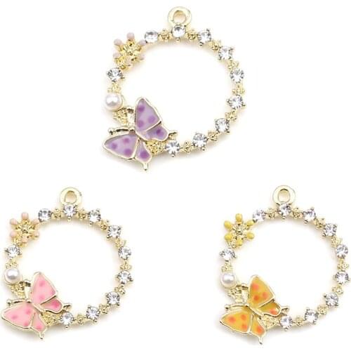 Doreen Box Sweet Butterfly Circle Ring Charms Pendants Gold Plated Clear Rhinestone Pendnts for DIY Jewelry 24mm x 20mm, 5 PCs