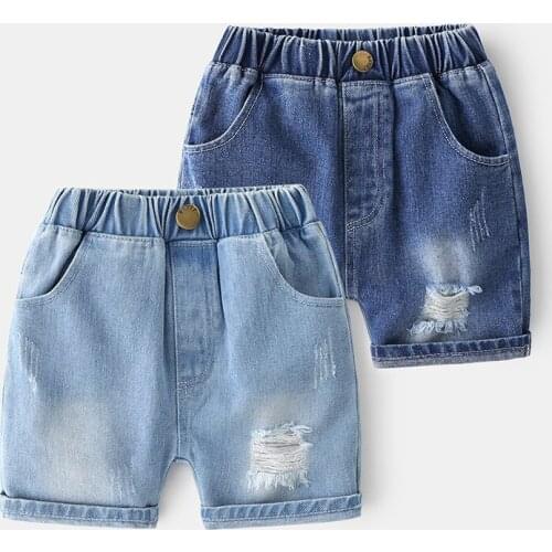 New Kids Summer Denim Shorts Baby Boys Fashion Solid Ripped Denim Shorts Children Casual Elastic Mid Waist Jeans Short Pants