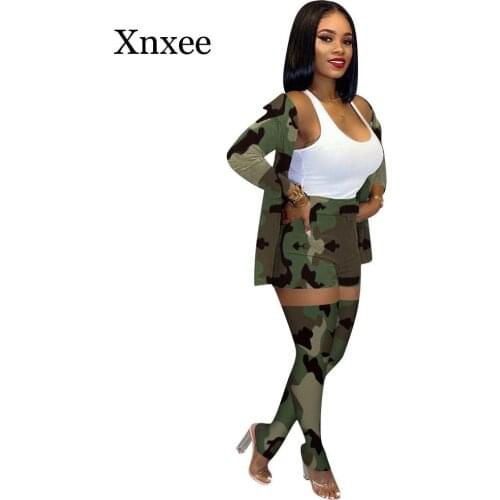Camouflage green coat shorts three pieces set women clothes outfit fall winter camouflage print jacket top+shorts+stockings