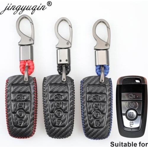 Leather Key Cover For Ford Fusion Mustang Explorer F-150 F-250 F-350 2017 2018 Fiber Remote Key Case Shell Holder Keychain