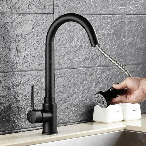 GIZERO Black Bronze Kitchen Faucet Pull Out 360 Degree Swivel Spout Mixer Tap With White Dots Brass Water Mixer Kitchen ZR356