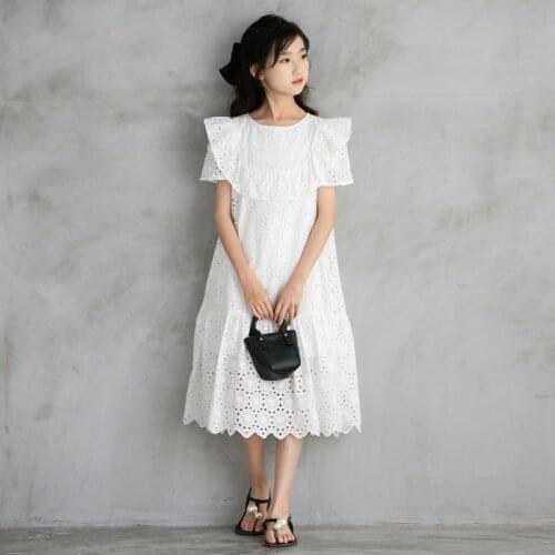 Teen Girls Summer Party Birthday Elegant White Lace Cotton Dress 2021 New Hollow Out Dresses 10 12 13 14 years