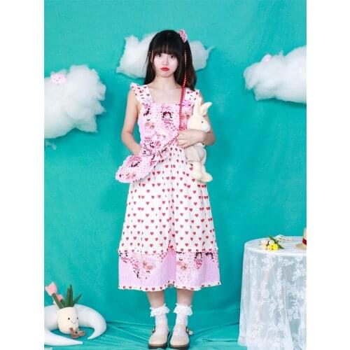 Kawaii Cute Summer Sweet Girl Printed Vest Jsk Dress Love Cartoon Pattern High Waist Long Sleeveless Dresses Female Loose Mori