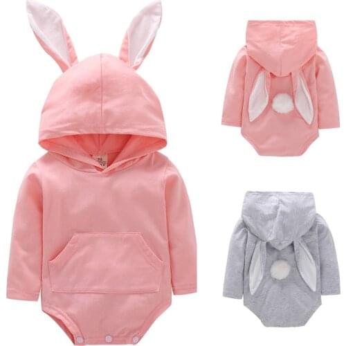 Fashion Toddler Infant Kids Baby Girls Boys Solid Color Long Sleeve Cartoon Rabbit Ear Hooded Romper Jumpsuit Outfits Clothes#p4