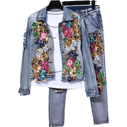 Fashion cowboy suit female spring New autumn High quality casual Sequined denim jacket + pants two-piece suit women tide
