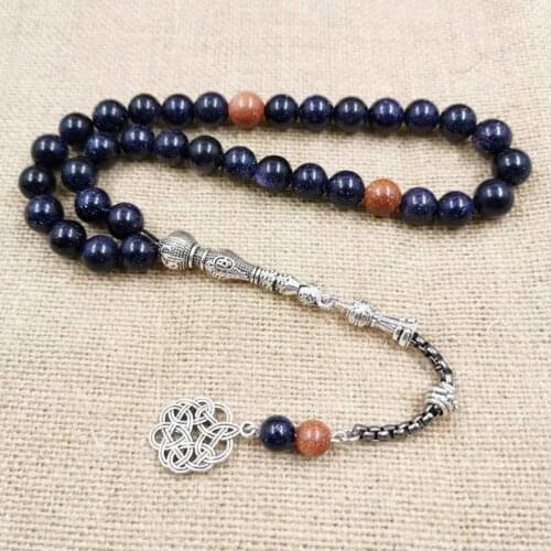 Natural Blue SandStone tasbih with Gold sandstone Muslim mans gfit For Eid 33 66 99 Paryer beads Special New misbaha bracelet