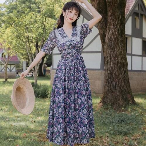 BLLOCUE Women 2020 New Summer French Sexy V-neck Retro Lace Stitching Floral Leisure Beach Vacation Dresses Ladies