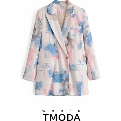 TMODA598 Za Women 2021 Fashion Double Breasted Tie-dye Blazers Coat Vintage Long Sleeve Pockets Female Outerwear Chic Tops