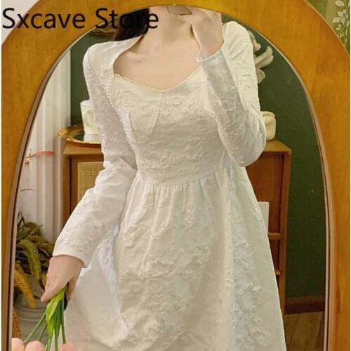 Vintage White Dress Women Design Elegant Midi Dress Party Lady Casual Sweet Retro One Piece Dress Korean Fashion 2021 Autumn