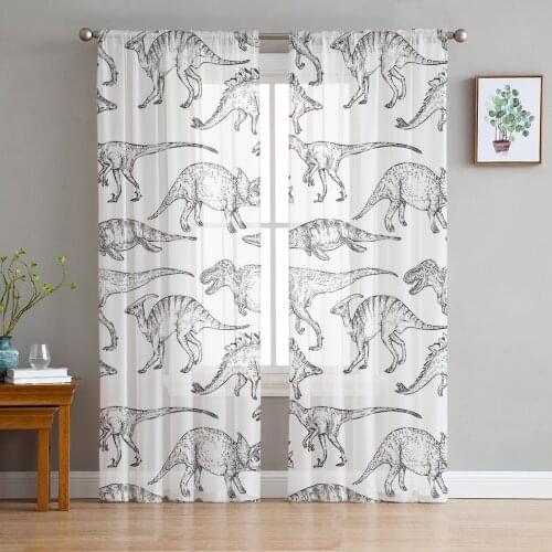 Hand Draw Dinosaur White Tulle Window Curtain for Living Room Modern Sheer Curtain for Bedroom Kitchen Drapes Custom