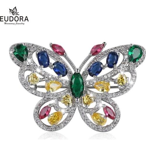 EUDORA Luxurious gorgeou Cubic Zirconia Butterfly Brooch For Women Golden Pave Setting Crystal Jewelry Decoration Animal broochs