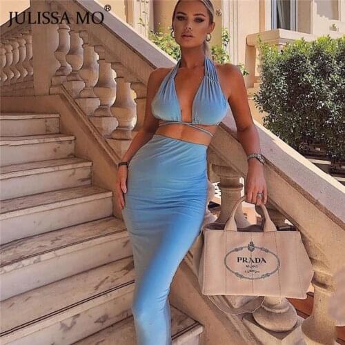 Julissa Mo 2 Pieces Sets Sexy Halter Top And Ruched Bodycon Dresses Summer Outfits 2020 Women Strapless Bandage Party Vestidos