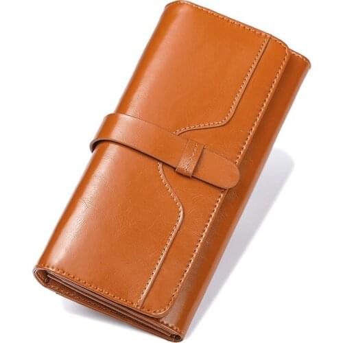 2020 Genuine Leather Women Wallet Long Purse Female Clutch Retro Oil Wax Leather Wallet Fashion Ladies 3 Fold Card Holder Wallet