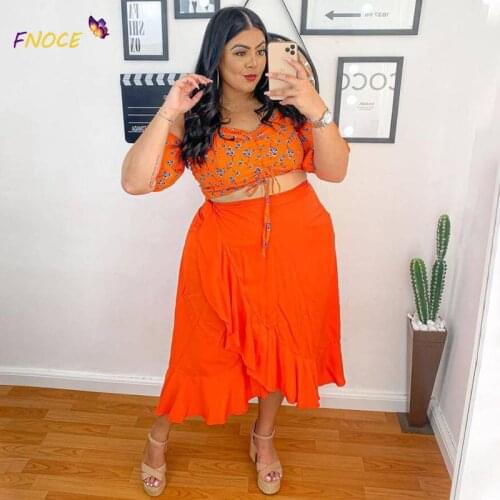FNOCE Floral Big Hem Womens Clothing 2021 Summer Solid Color Lace-up Top Floral-Print Off-Shoulder Two-Piece Skirt Suit Orange