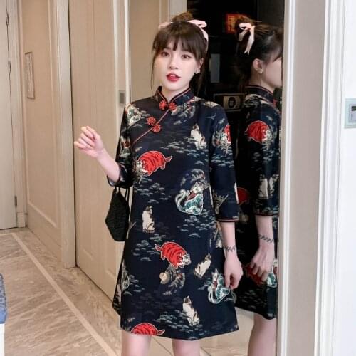 Guofeng Retro Printing Elegant Temperament Loose Slim Dress 2021 Spring and Summer New Improved Young Cheongsam