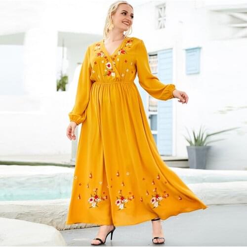 New Europe Large-size sleeves printing big swing type temperament national style retro A-line ethnic cotton yellow women dress
