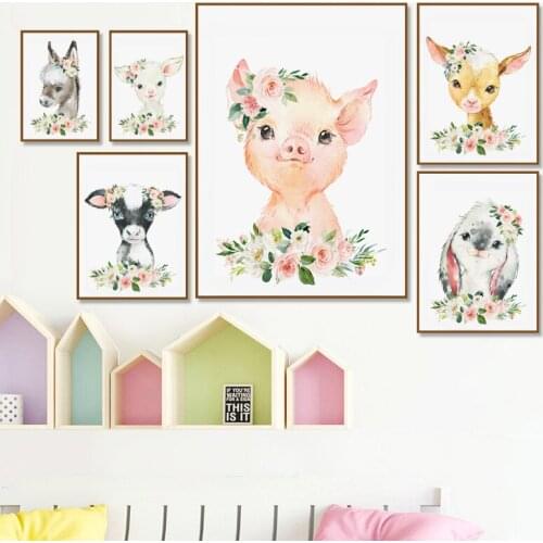 Farm Animal Prints Watercolor Animals Flowers Nursery Wall Decor Girl Room Wall Art Canvas Painting Kids Bedroom Decoration