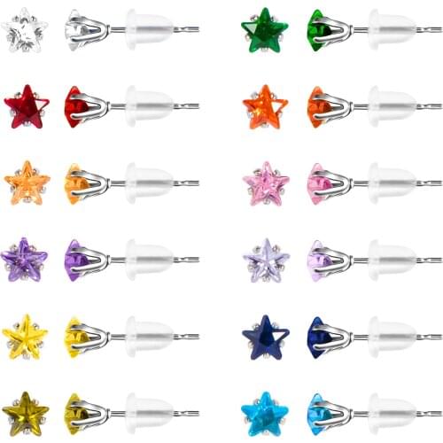 12 Pairs 316L Stainless Steel Stud Earrings,Birthstone Star CZ Surgical Steel Earring Sets for Women and Girls with Size 3 4 5mm