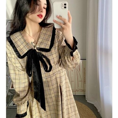 2021 New Arrival Vintage Retrol Peter Pan Collar Velvet Bowknot Long Sleeve Plaid Printed Woman Long Dress vestido maxi платье