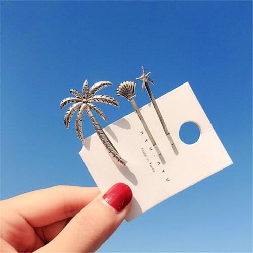 3Pcs/Set Vintage Hair Side Clips Elegant Coconut Tree Hairpins Alloy Star Silver Golden Hair Accessories Women Multiple Barrette