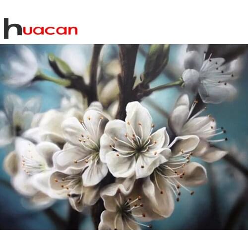 Huacan Diamond Painting Flowers Cross Stitch Embroidery White Cherry Blossoms Rhinestones Picture Wall Decoration