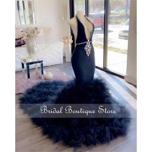 Black Long Prom Dresses 2021 Halter Neck Organza Ruffles Beads African Black Girls Sexy Party Wear Plus Size