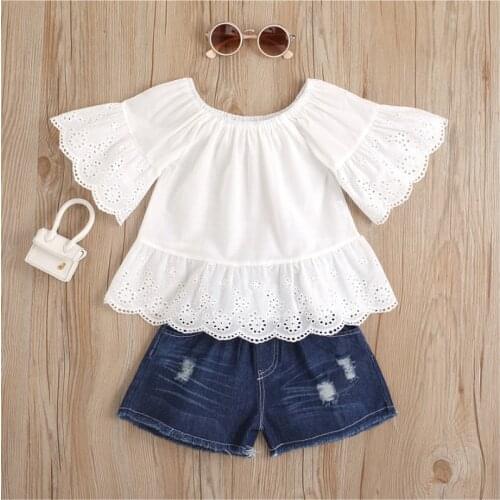 Girls Ruffles Sleeve and Shorts Set 2021,Fashion Solid Color Round Neck Hollow Out T-shirt and Ripped Denim Shorts