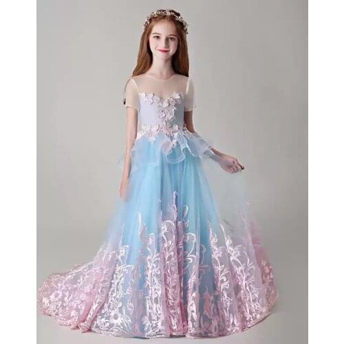 Flower Girl Dresses Illusion O-Neck Short Floor-Length Embroidery Princess Tulle Lace Luxury Sky Blue Cute Kids Party Gown H507