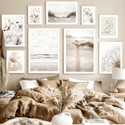 Lily Peony Dandelion Seagull Sand Line Wall Art Canvas Painting Nordic Posters And Prints Wall Pictures For Living Room Decor