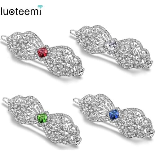 LUOTEEMI Delicate Women Girls Hairpins 4 Colors AAA Cubic Zirconia White Gold-Color Bow-knot Hair Clip Women Jewelry